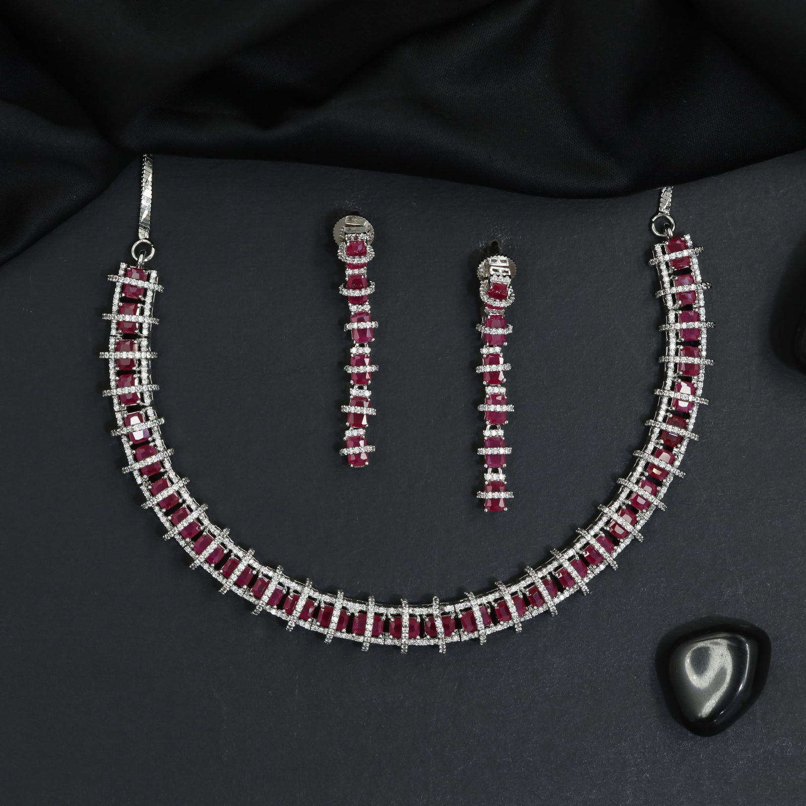 Art deco linework rhodium necklace set with geometric drop earrings