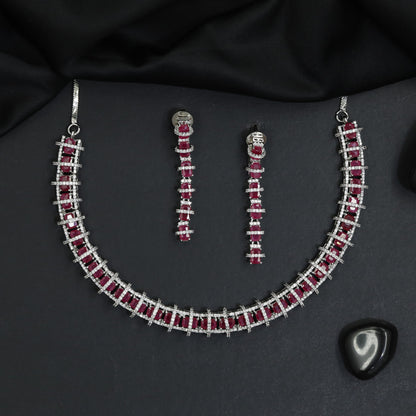 Art deco linework rhodium necklace set with geometric drop earrings