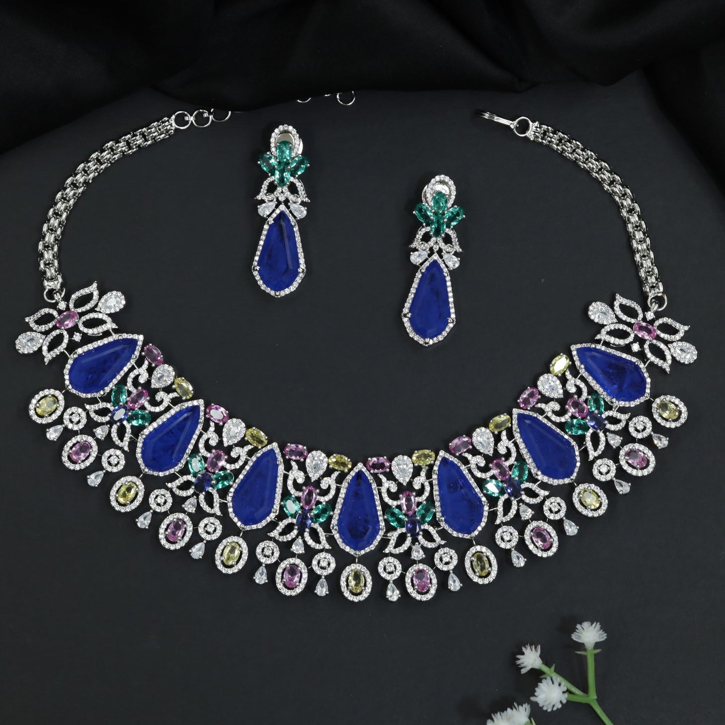 Crystal Rhodium Choker with Floral and Geometric Design
