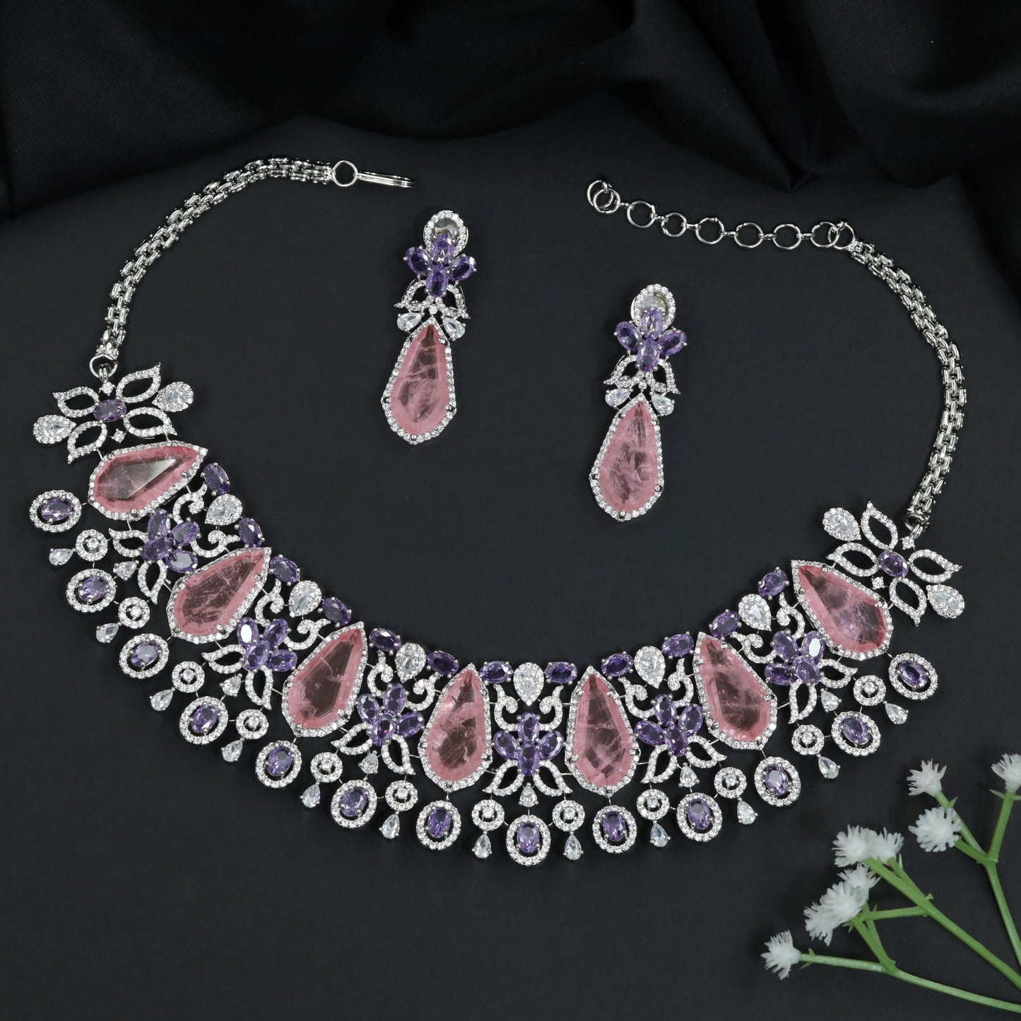Crystal Rhodium Choker with Floral and Geometric Design