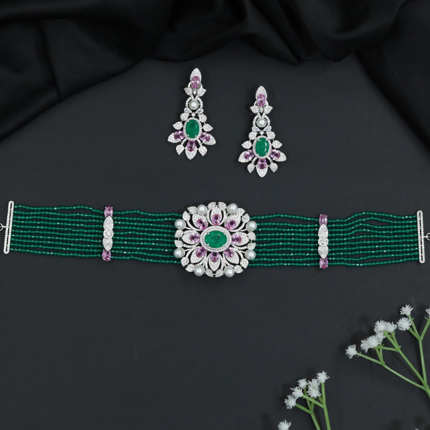 Rhodium Beads Choker with Floral Medallion Centerpiece