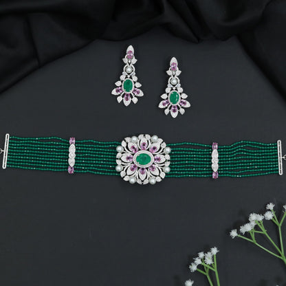 Rhodium Beads Choker with Floral Medallion Centerpiece
