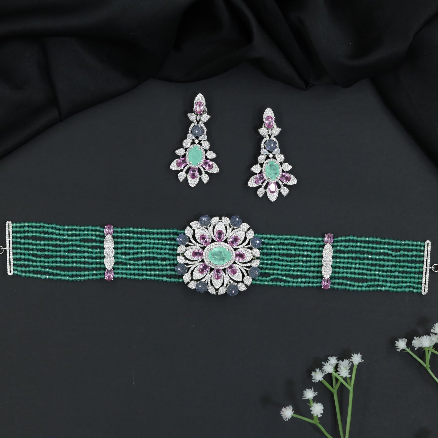 Rhodium Beads Choker with Floral Medallion Centerpiece