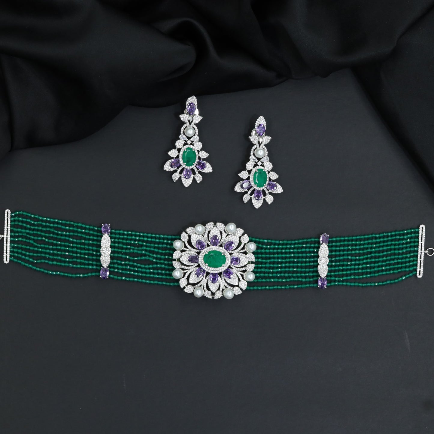 Rhodium Beads Choker with Floral Medallion Centerpiece