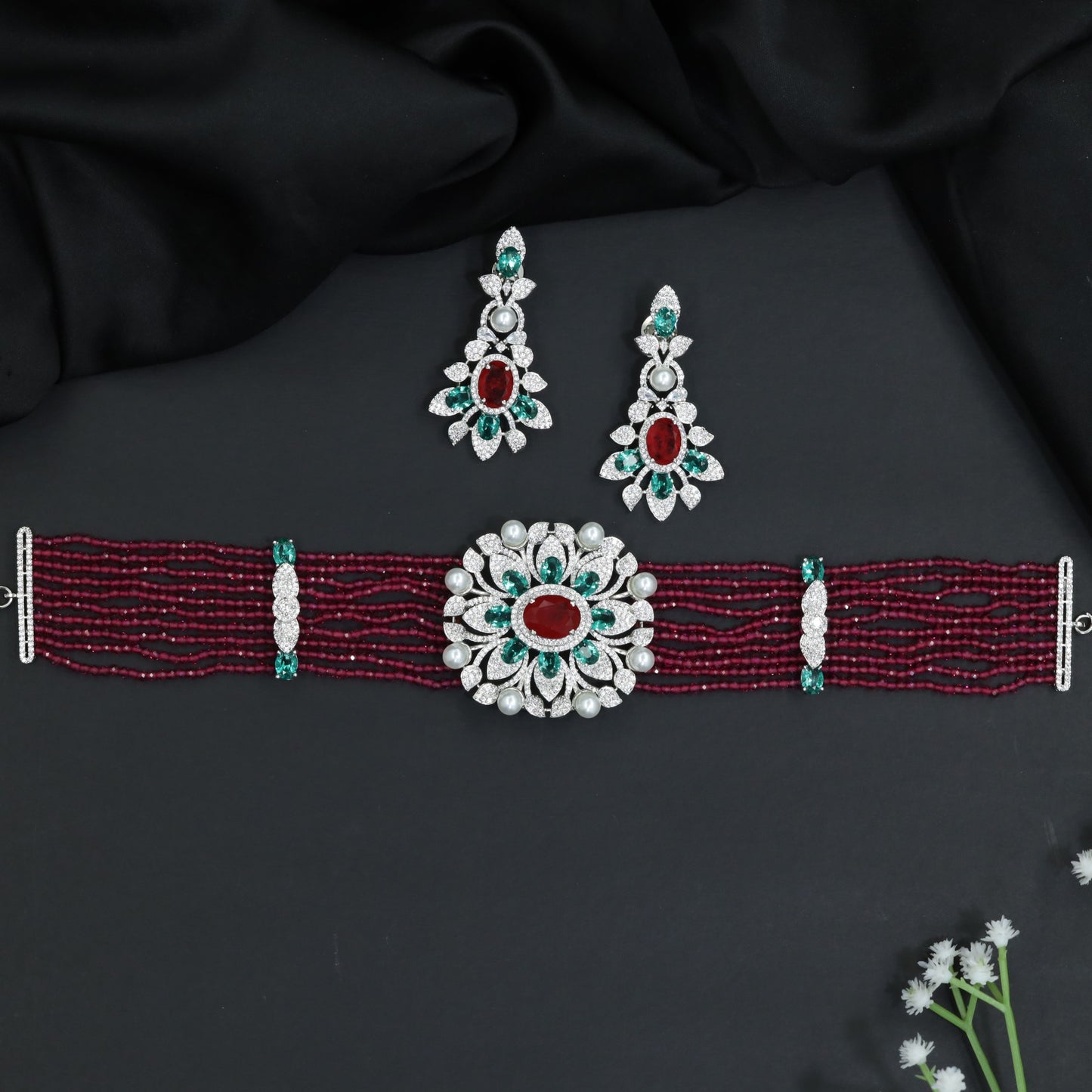 Rhodium Beads Choker with Floral Medallion Centerpiece