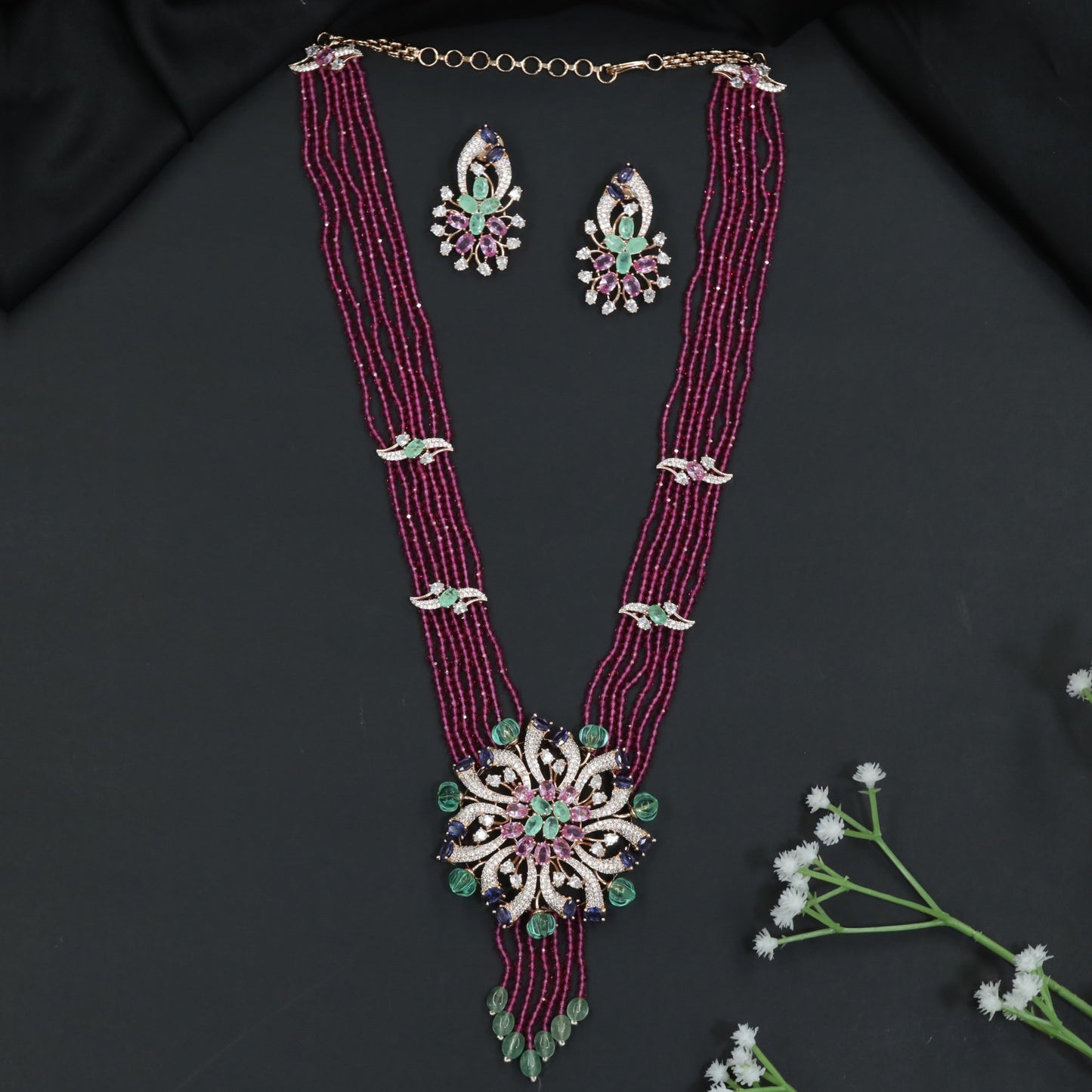 Multi-Strand Beads Necklace with Floral Medallion Centerpiece