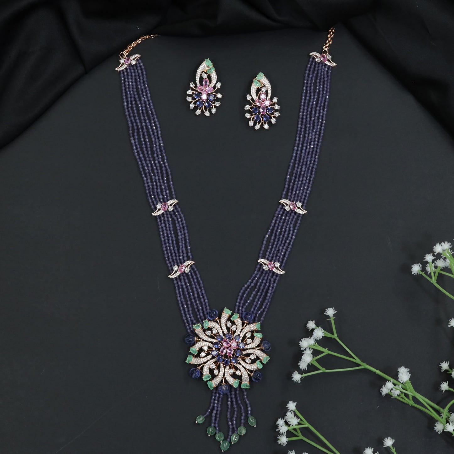 Multi-Strand Beads Necklace with Floral Medallion Centerpiece