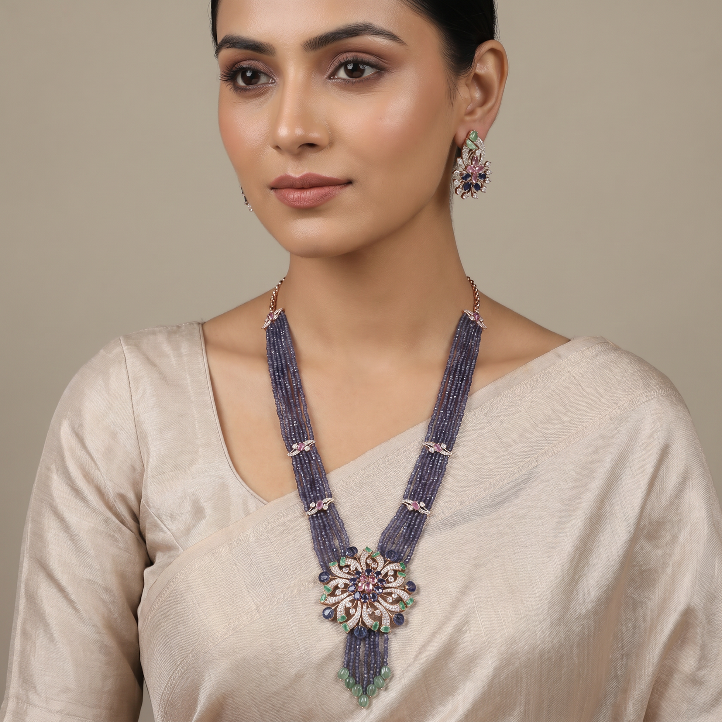Multi-Strand Beads Necklace with Floral Medallion Centerpiece