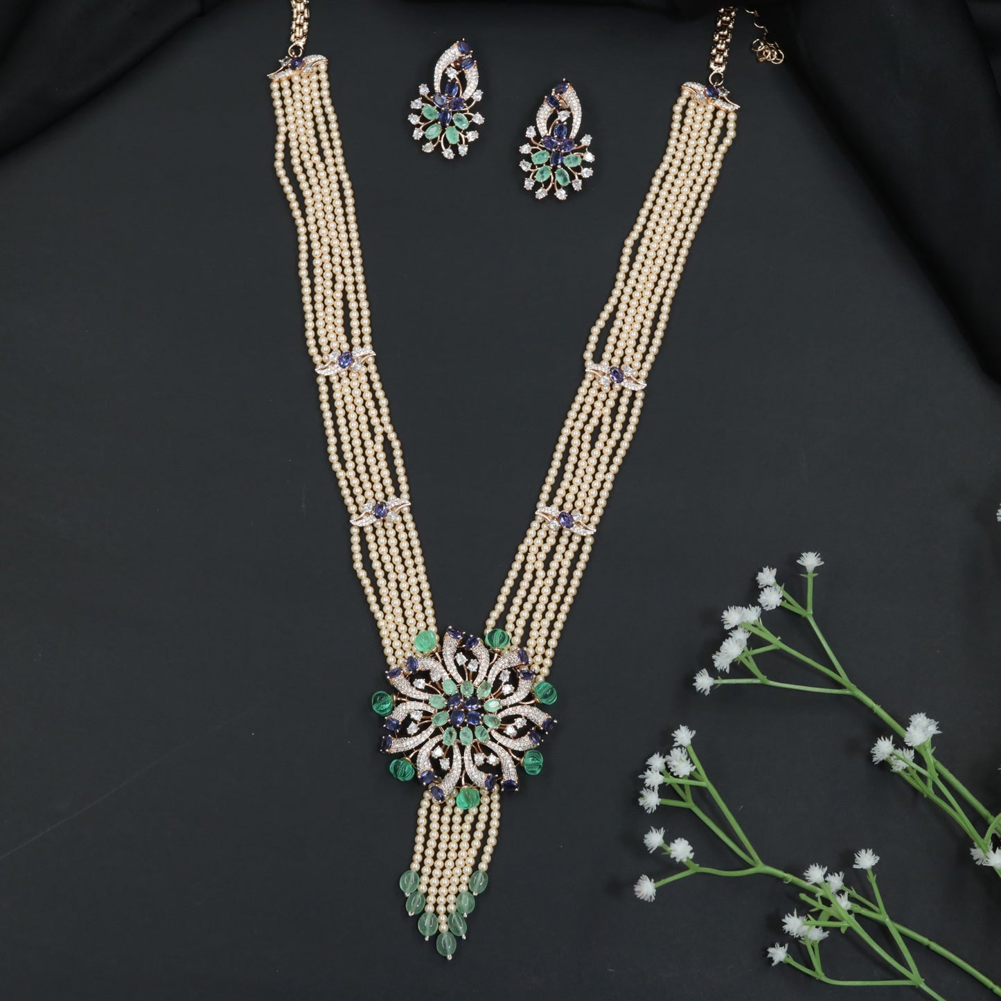 Multi-Strand Beads Necklace with Floral Medallion Centerpiece