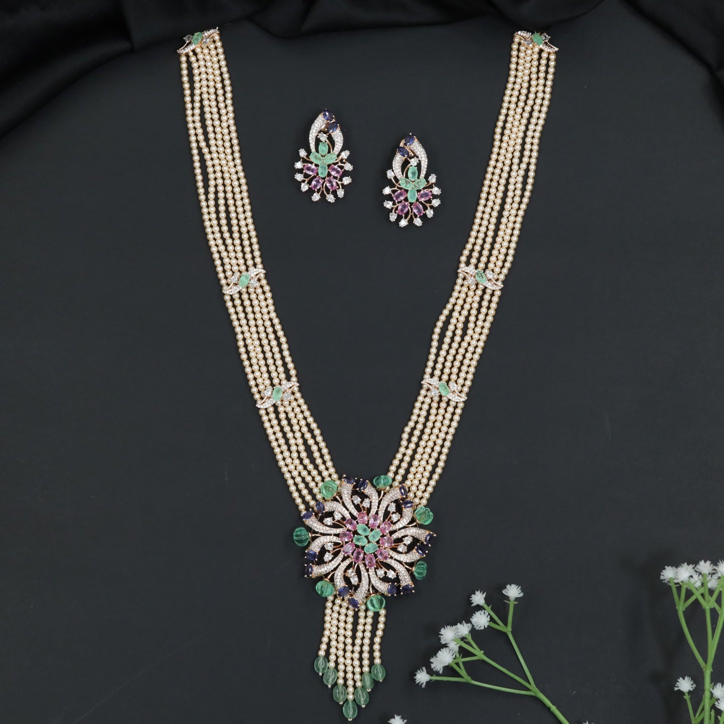 Multi-Strand Beads Necklace with Floral Medallion Centerpiece