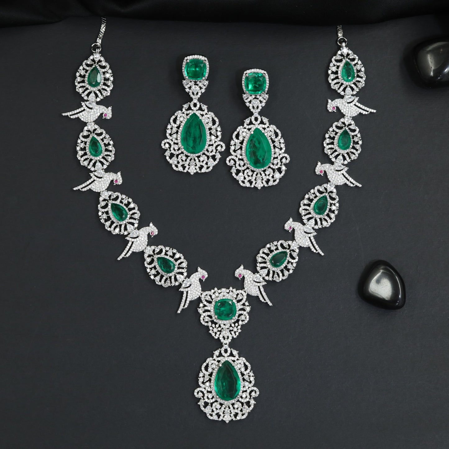 Designer Inspired Rhodium Necklace Set with Floral Crest Detailing