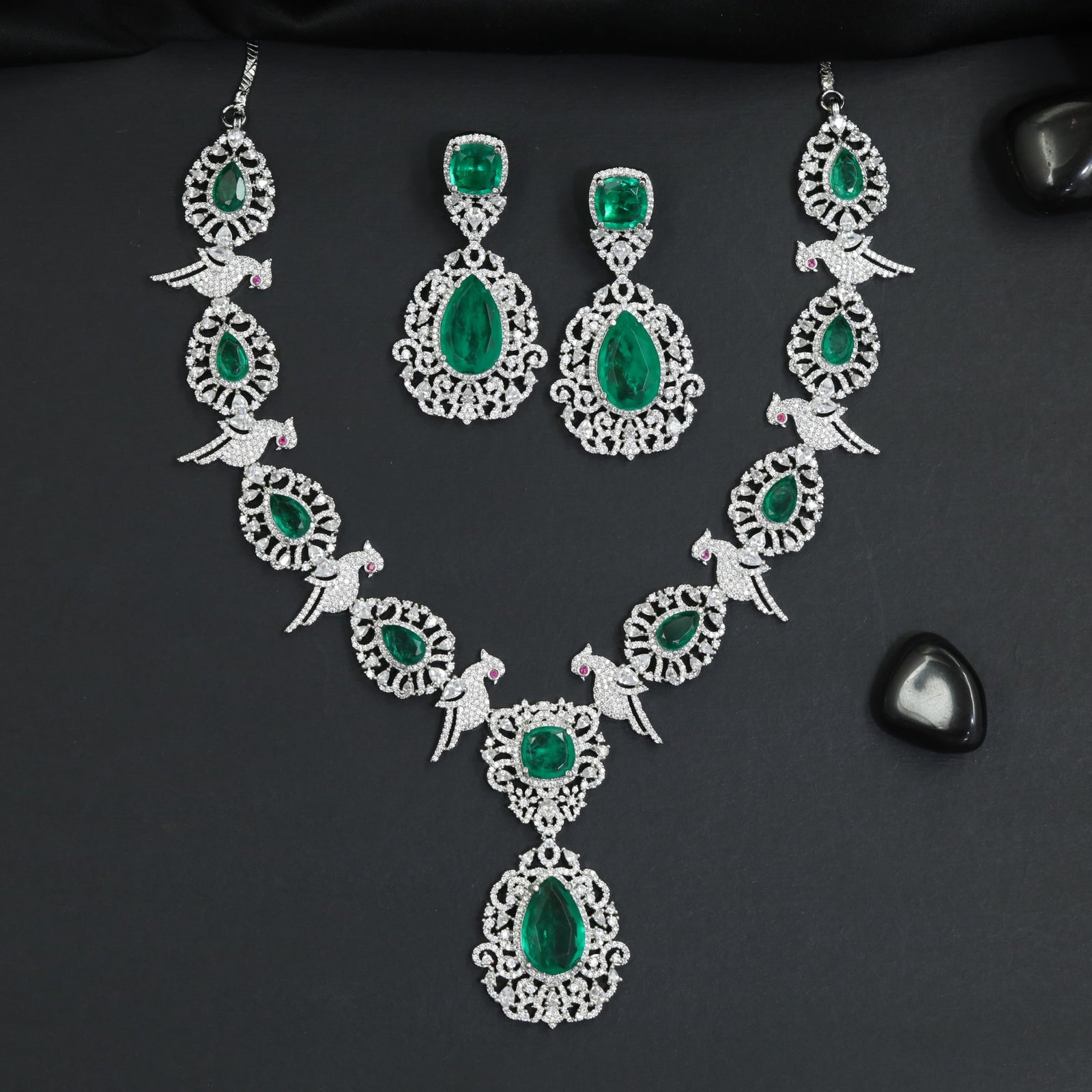 Designer Inspired Rhodium Necklace Set with Floral Crest Detailing