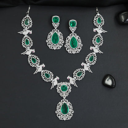 Designer Inspired Rhodium Necklace Set with Floral Crest Detailing