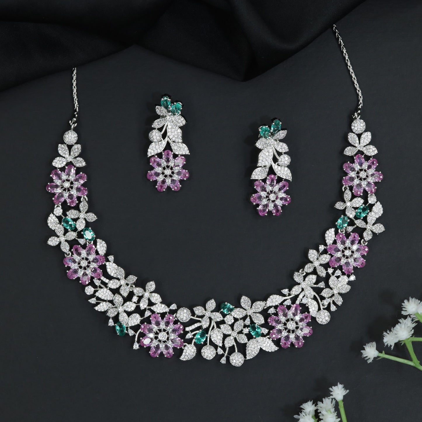 Crystal Floral Garden Necklace with Matching Earrings