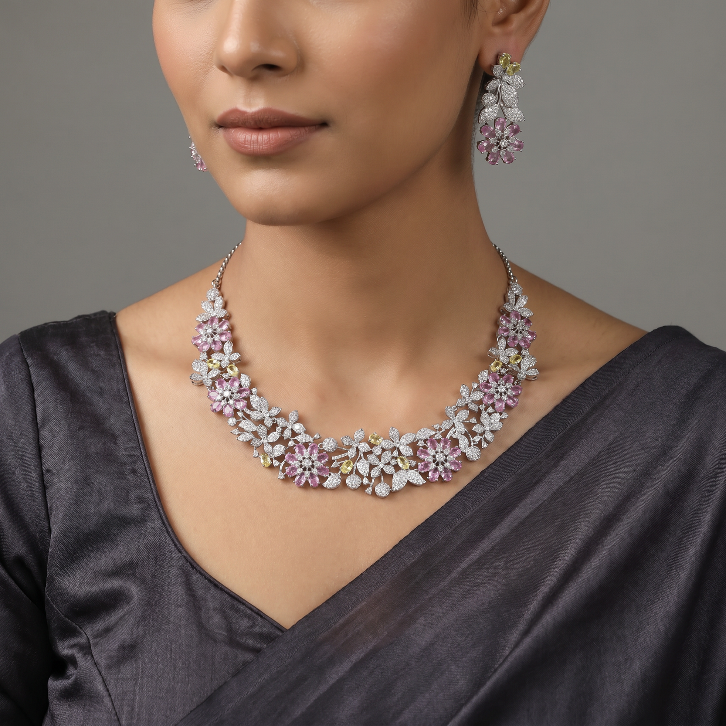 Crystal Floral Garden Necklace with Matching Earrings