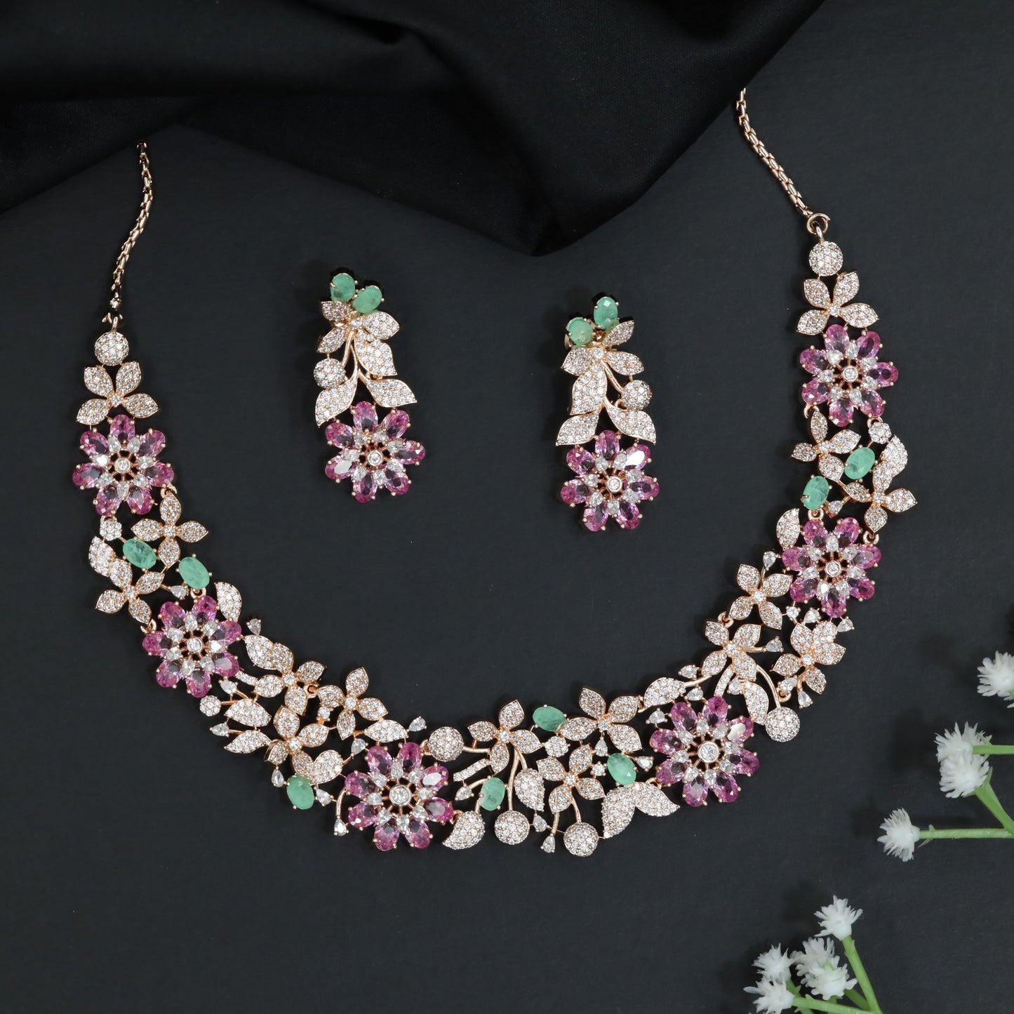 Crystal Floral Garden Necklace with Matching Earrings