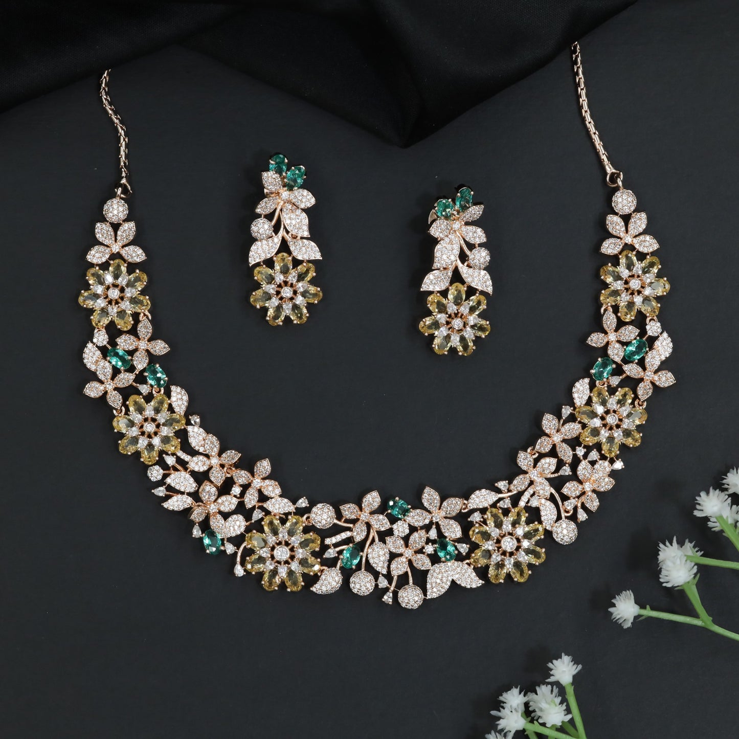 Crystal Floral Garden Necklace with Matching Earrings