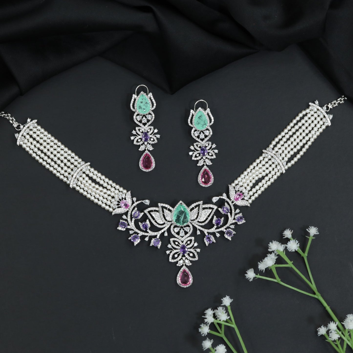 Rhodium Choker with Floral Arrangement and Crystal Accents