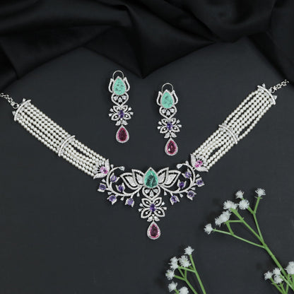 Rhodium Choker with Floral Arrangement and Crystal Accents
