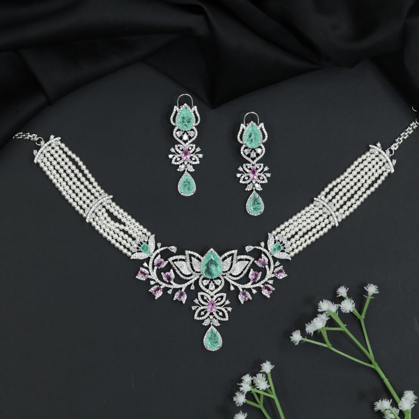 Rhodium Choker with Floral Arrangement and Crystal Accents