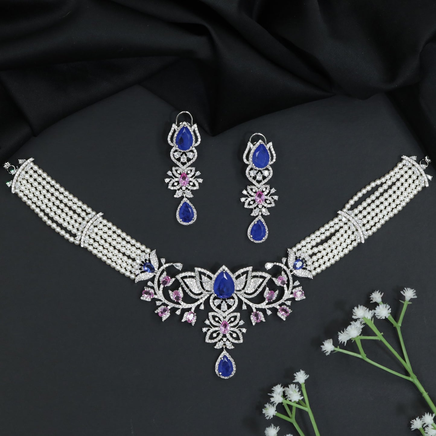 Rhodium Choker with Floral Arrangement and Crystal Accents