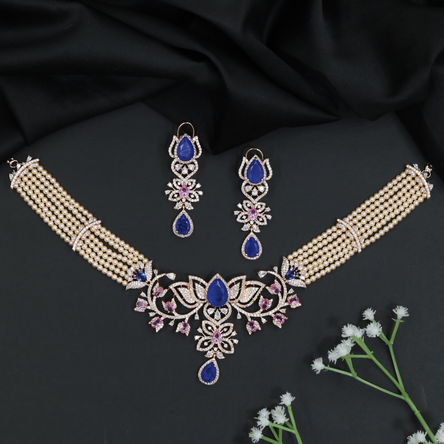 Rhodium Choker with Floral Arrangement and Crystal Accents