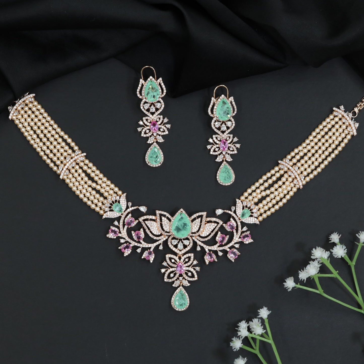 Rhodium Choker with Floral Arrangement and Crystal Accents