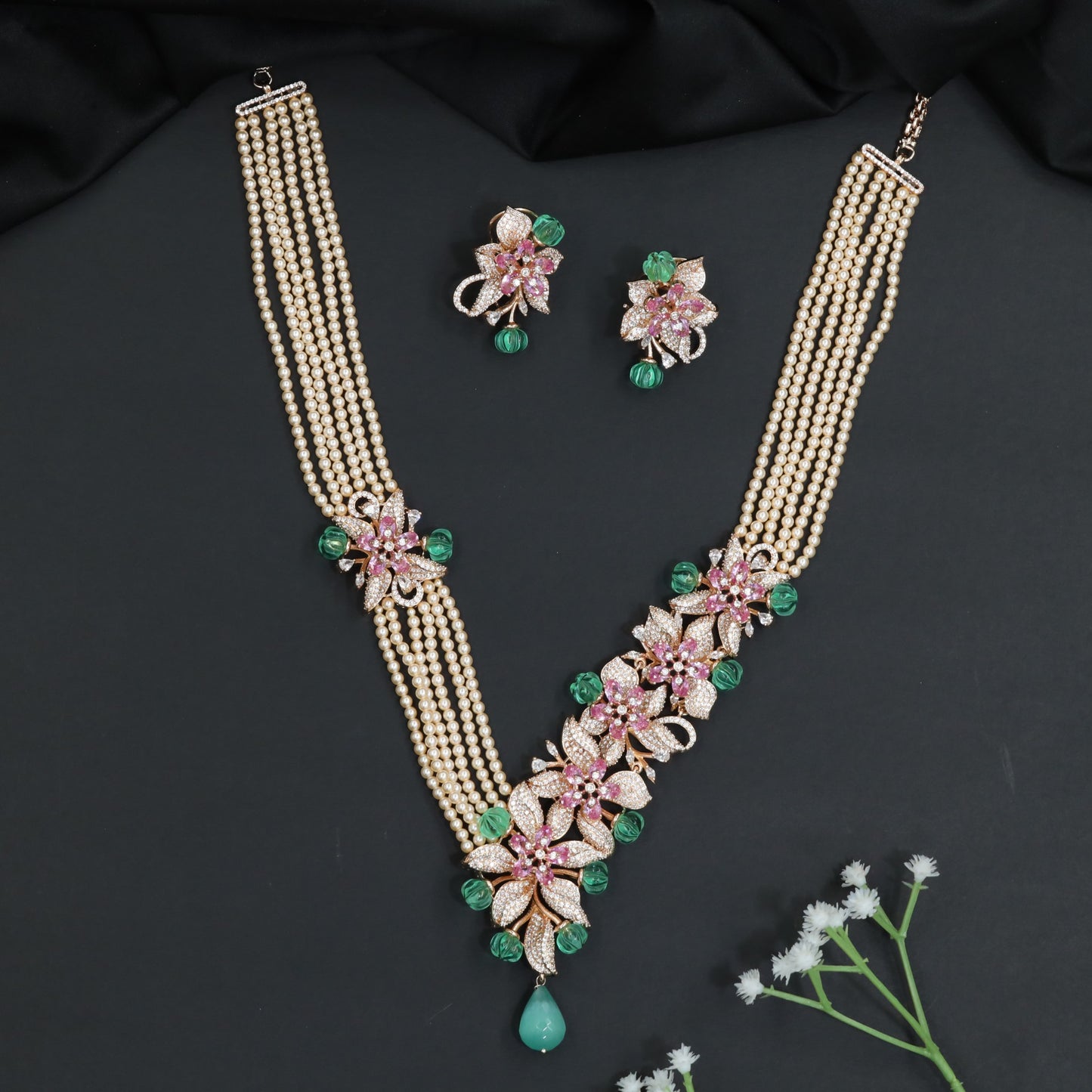 Crystal Blossom Pearl Necklace with Statement Centerpiece