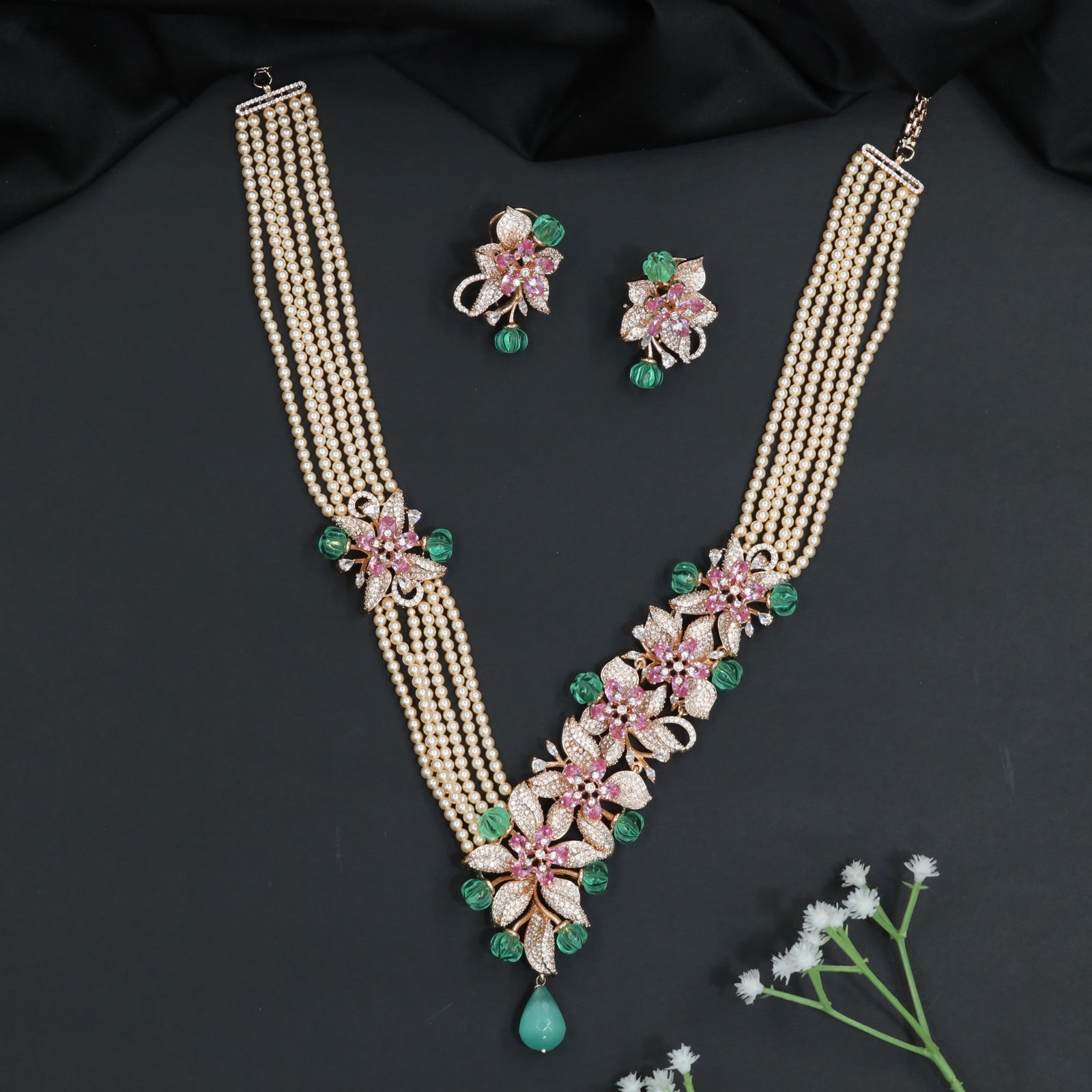 Crystal Blossom Pearl Necklace with Statement Centerpiece