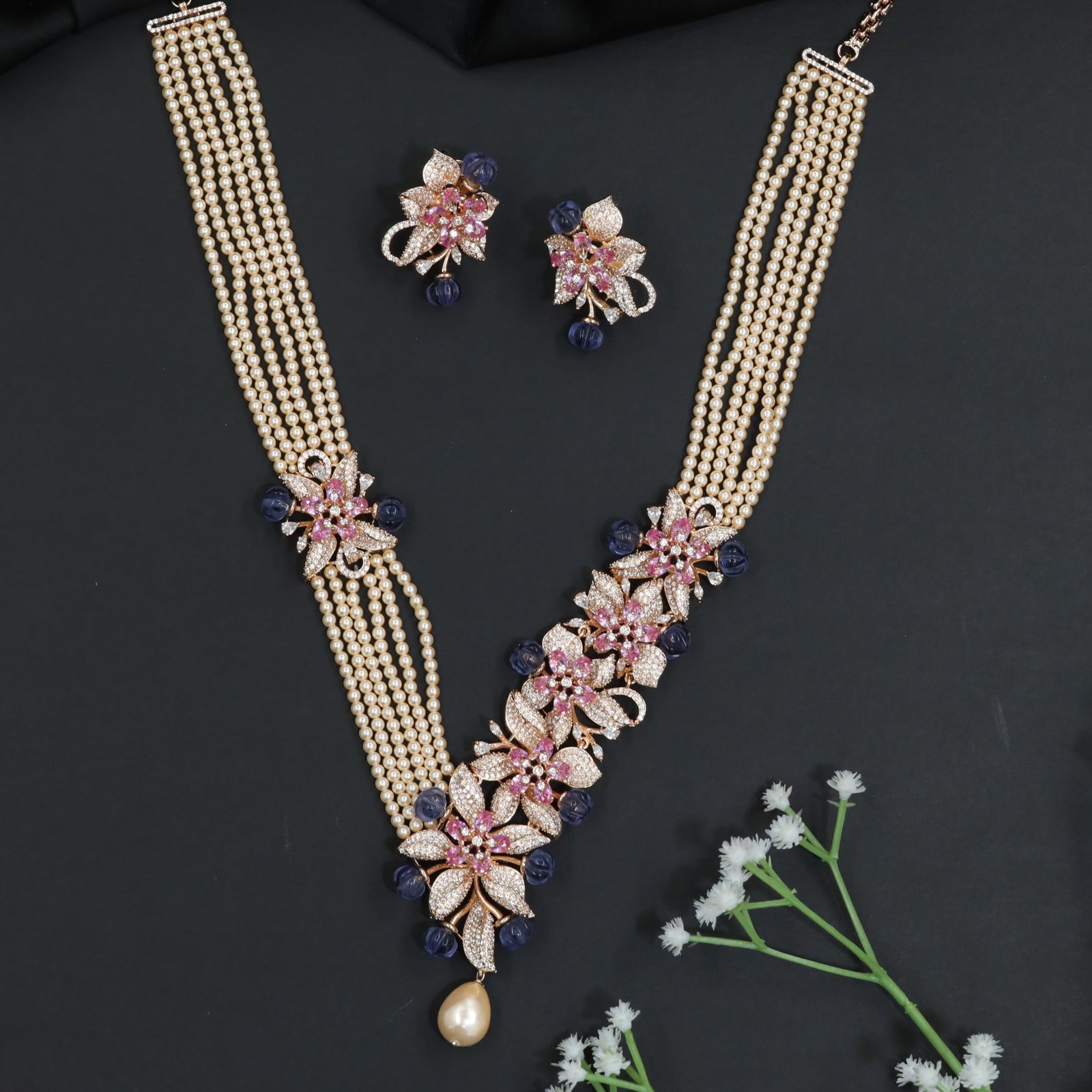 Crystal Blossom Pearl Necklace with Statement Centerpiece