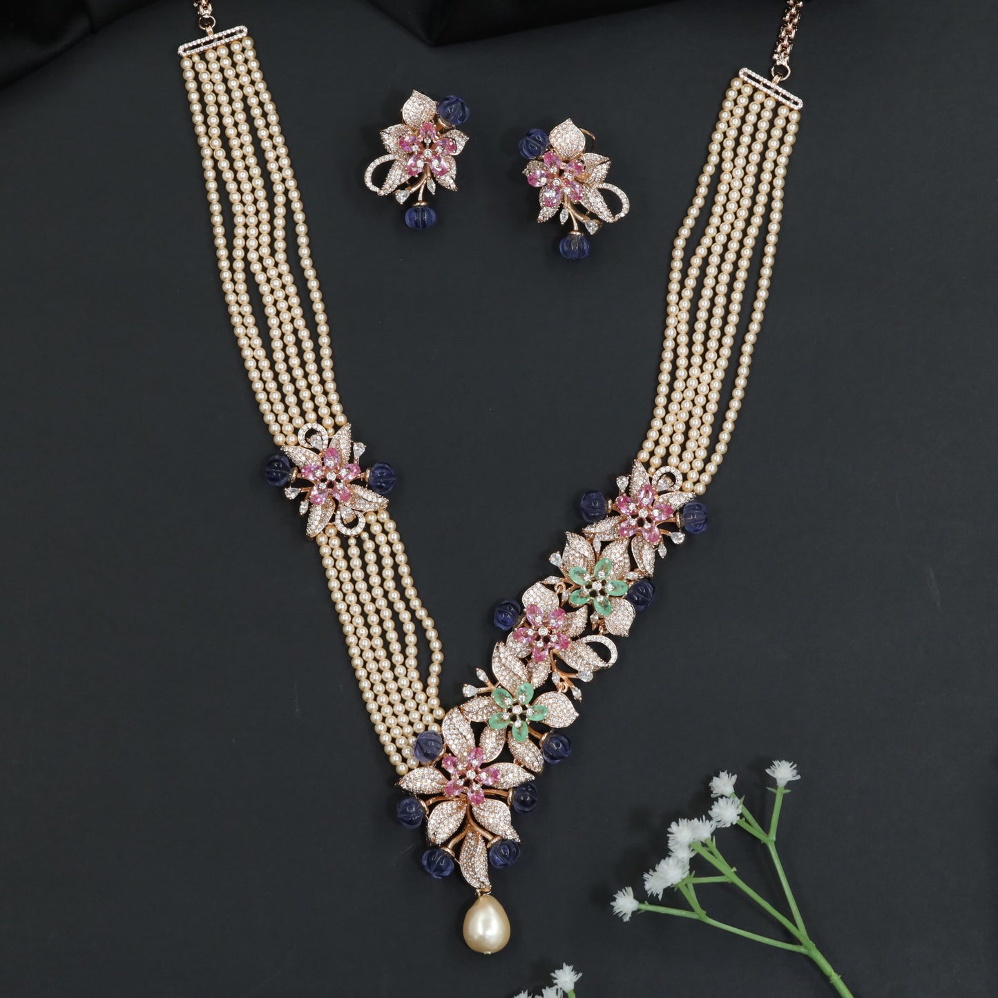 Crystal Blossom Pearl Necklace with Statement Centerpiece