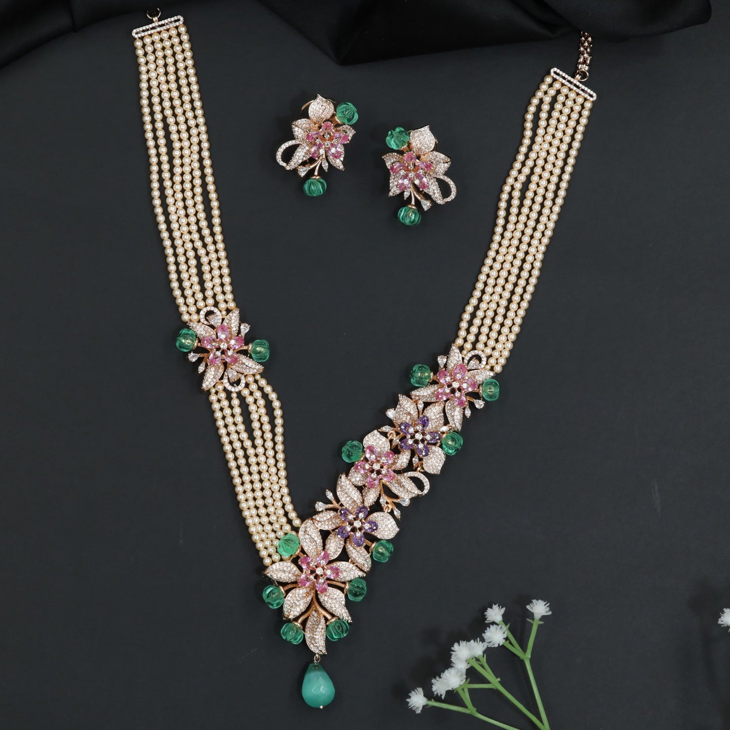 Crystal Blossom Pearl Necklace with Statement Centerpiece