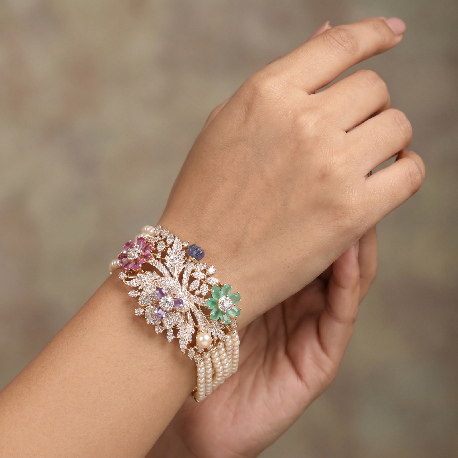 Crystal Floral Bouquet Braelet with Decorative Leaf Detailing