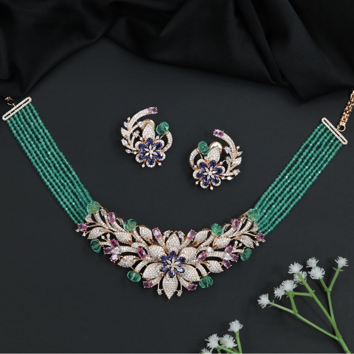 Multi Strand Beads Necklace with Flower Cluster Centerpiece