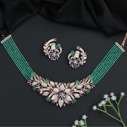 Multi Strand Beads Necklace with Flower Cluster Centerpiece