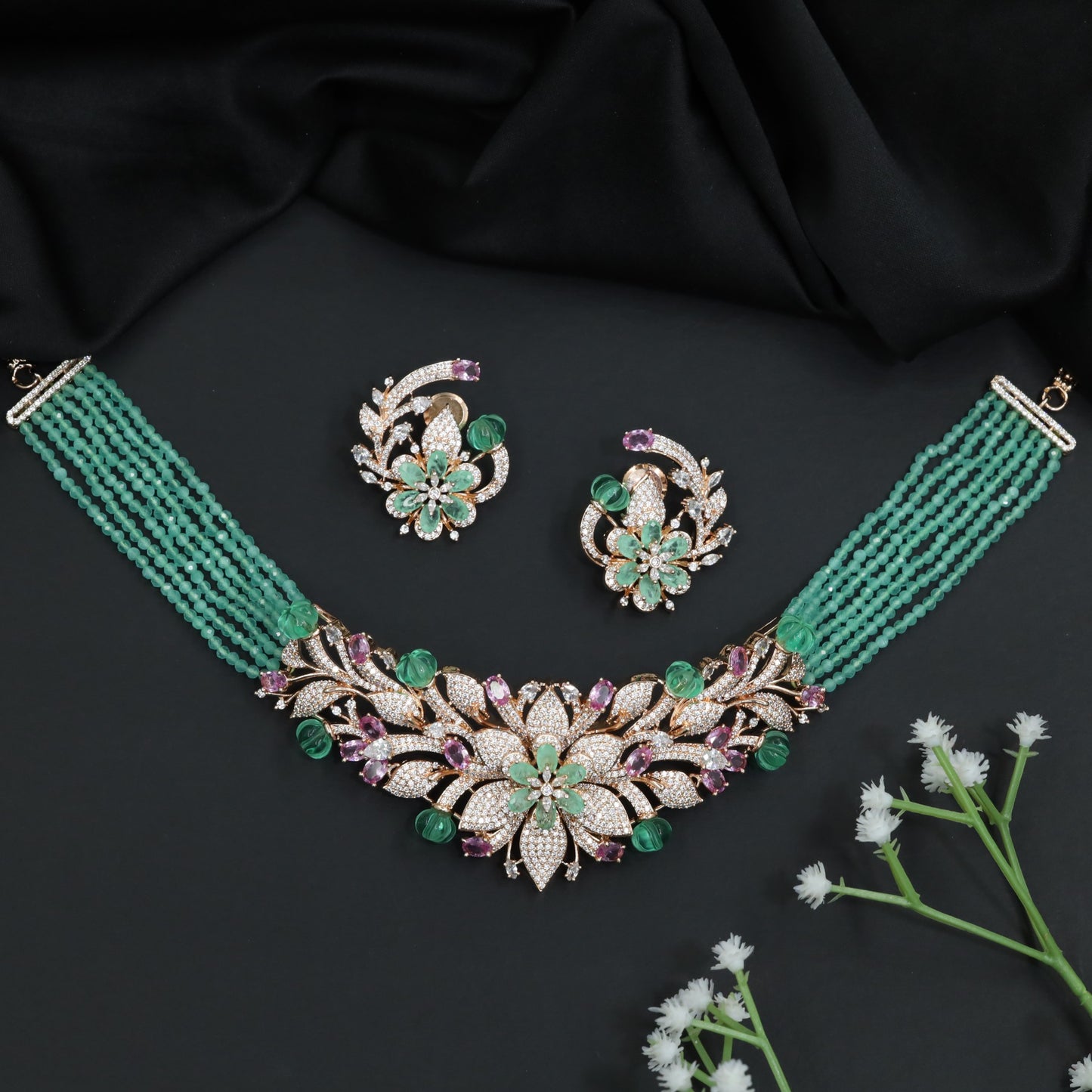 Multi Strand Beads Necklace with Flower Cluster Centerpiece