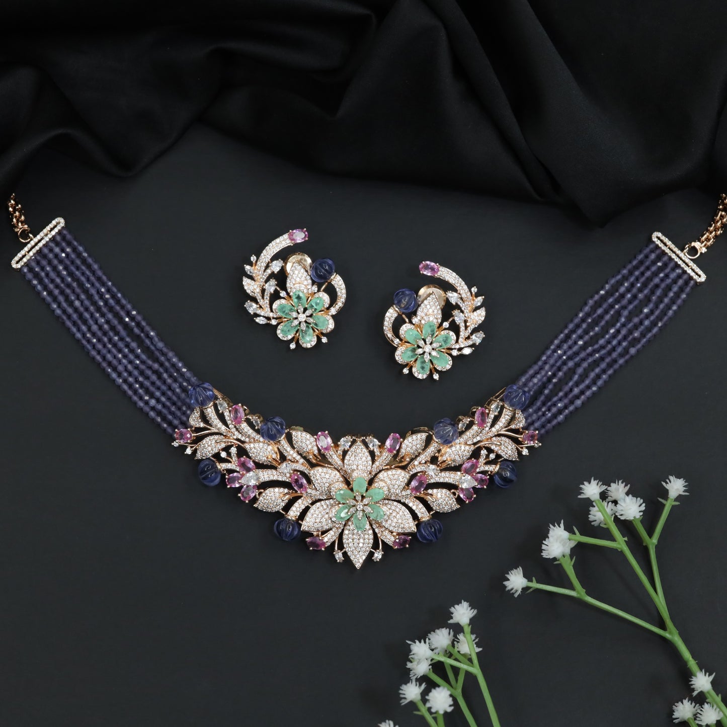 Multi Strand Beads Necklace with Flower Cluster Centerpiece