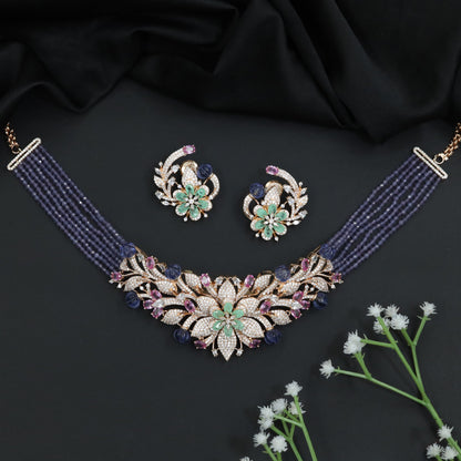 Multi Strand Beads Necklace with Flower Cluster Centerpiece