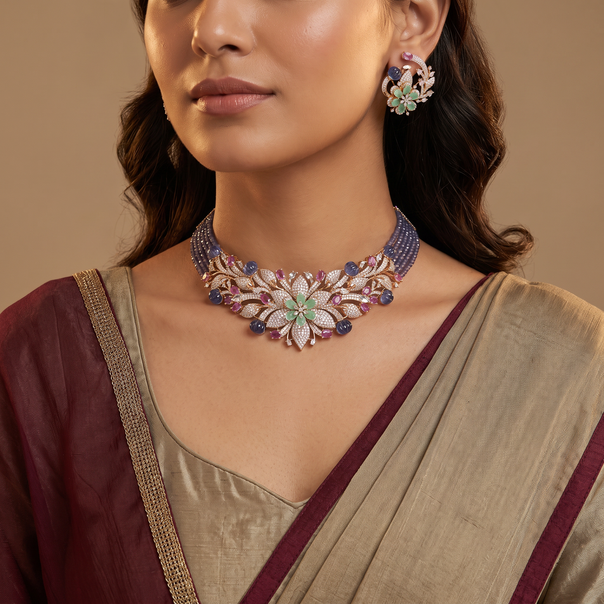 Multi Strand Beads Choker Set with Floral Centrepiece