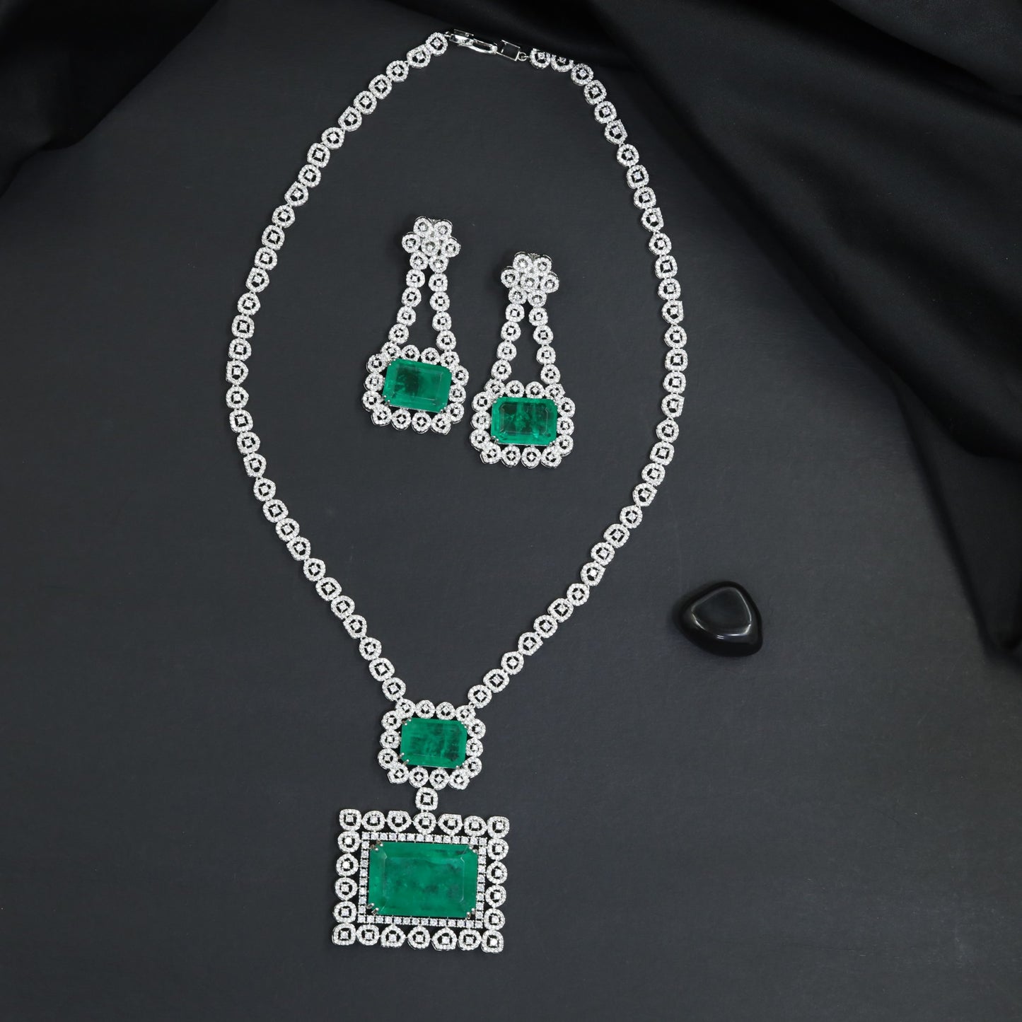 Couture Geometric Rhodium Long Haara with Framed Pendant Centrepiece