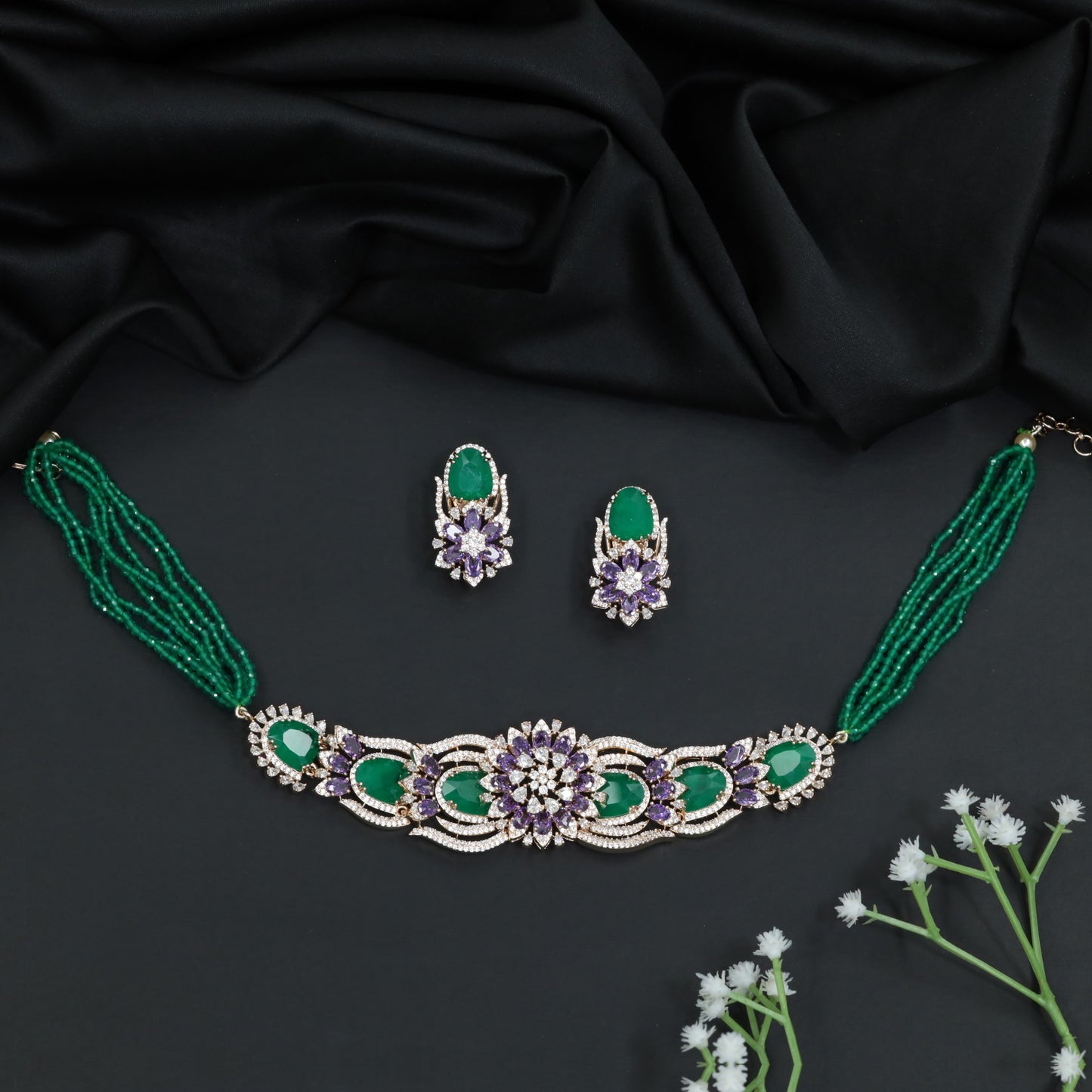 Floral Cluster Crystal Beads Necklace with Matching Earrings