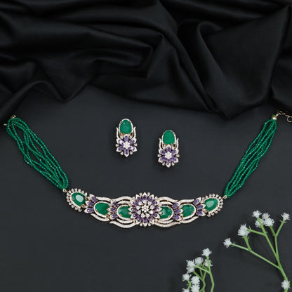 Floral Cluster Crystal Beads Necklace with Matching Earrings