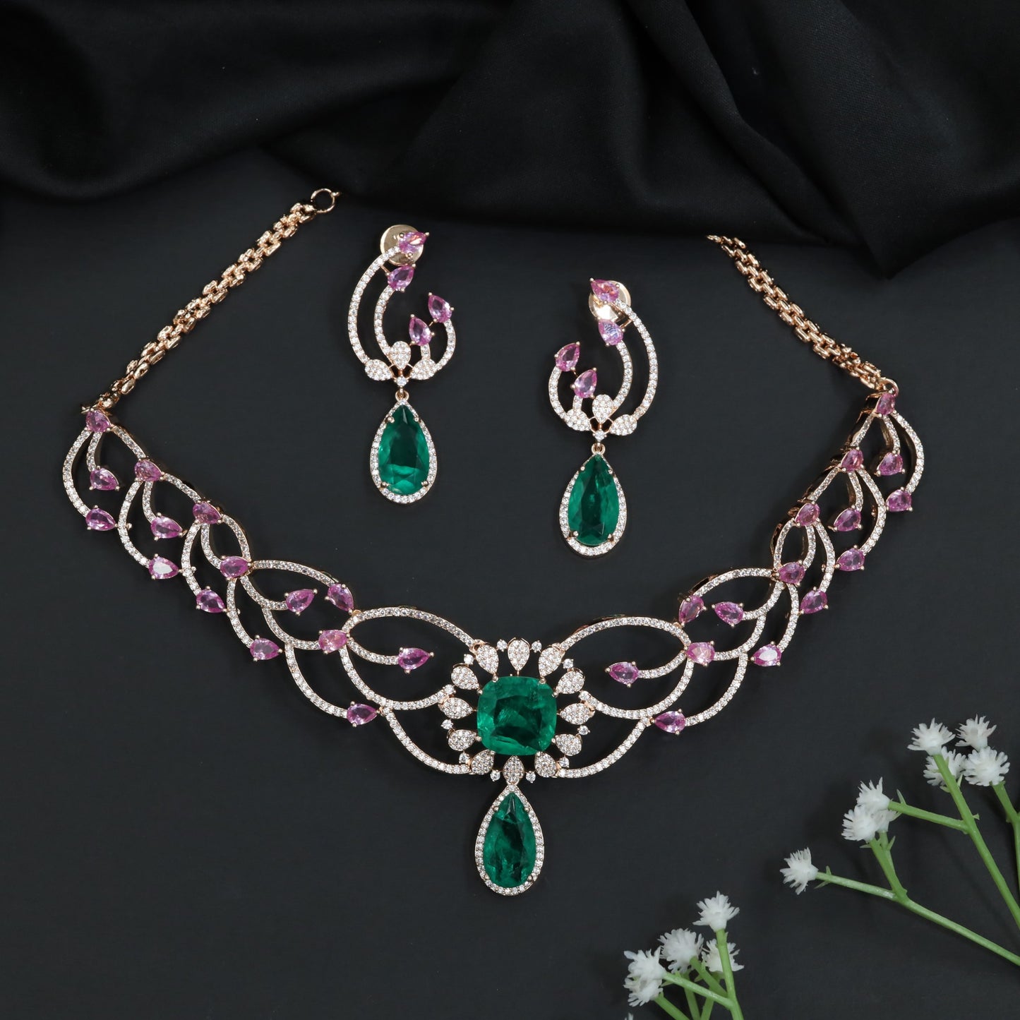 Vine Pattern Crystal Necklace Set with Emerald Accents