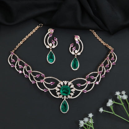 Vine Pattern Crystal Necklace Set with Emerald Accents