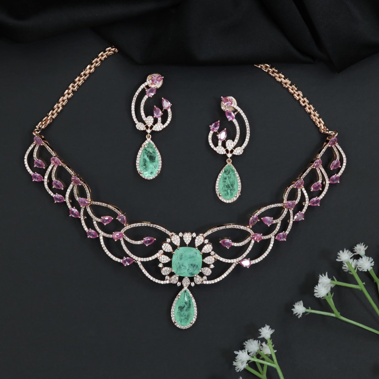 Vine Pattern Crystal Necklace Set with Emerald Accents