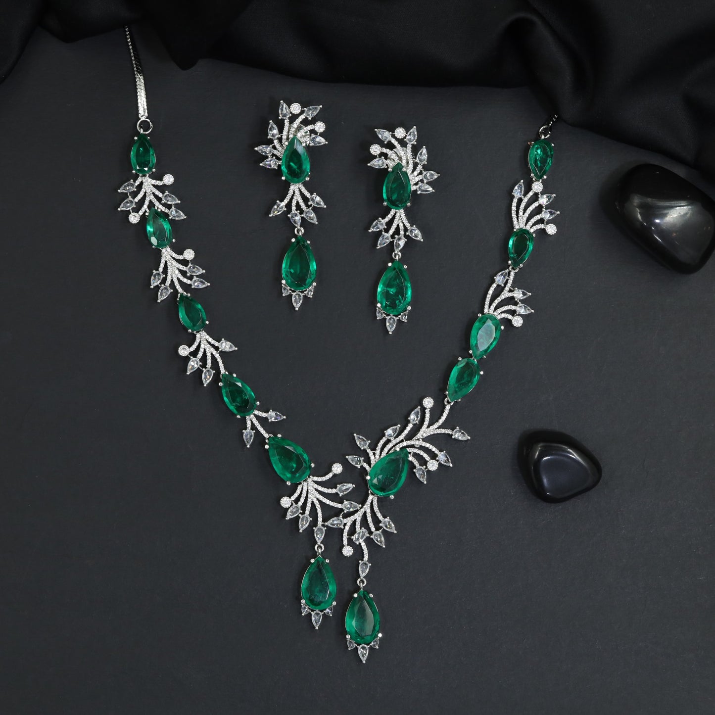 Grand Occasion Rhodium Necklace Set with Botanical Branch Silhouette