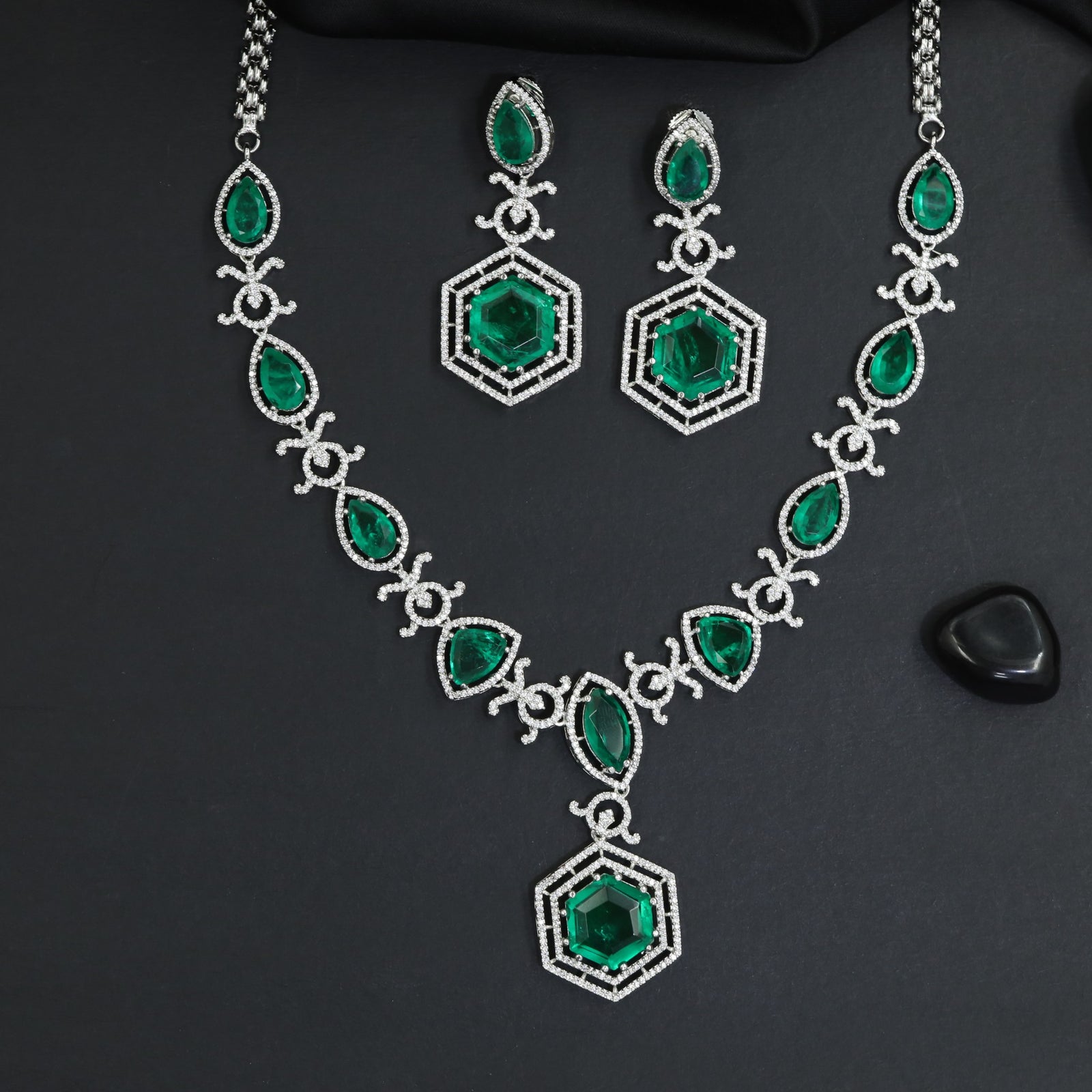 Royal Hexagon Medallion Rhodium Necklace Set with Pendant Focal Point