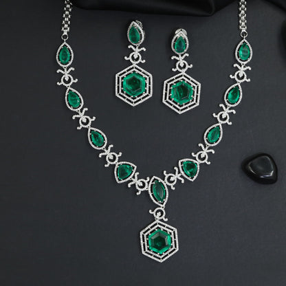 Royal Hexagon Medallion Rhodium Necklace Set with Pendant Focal Point