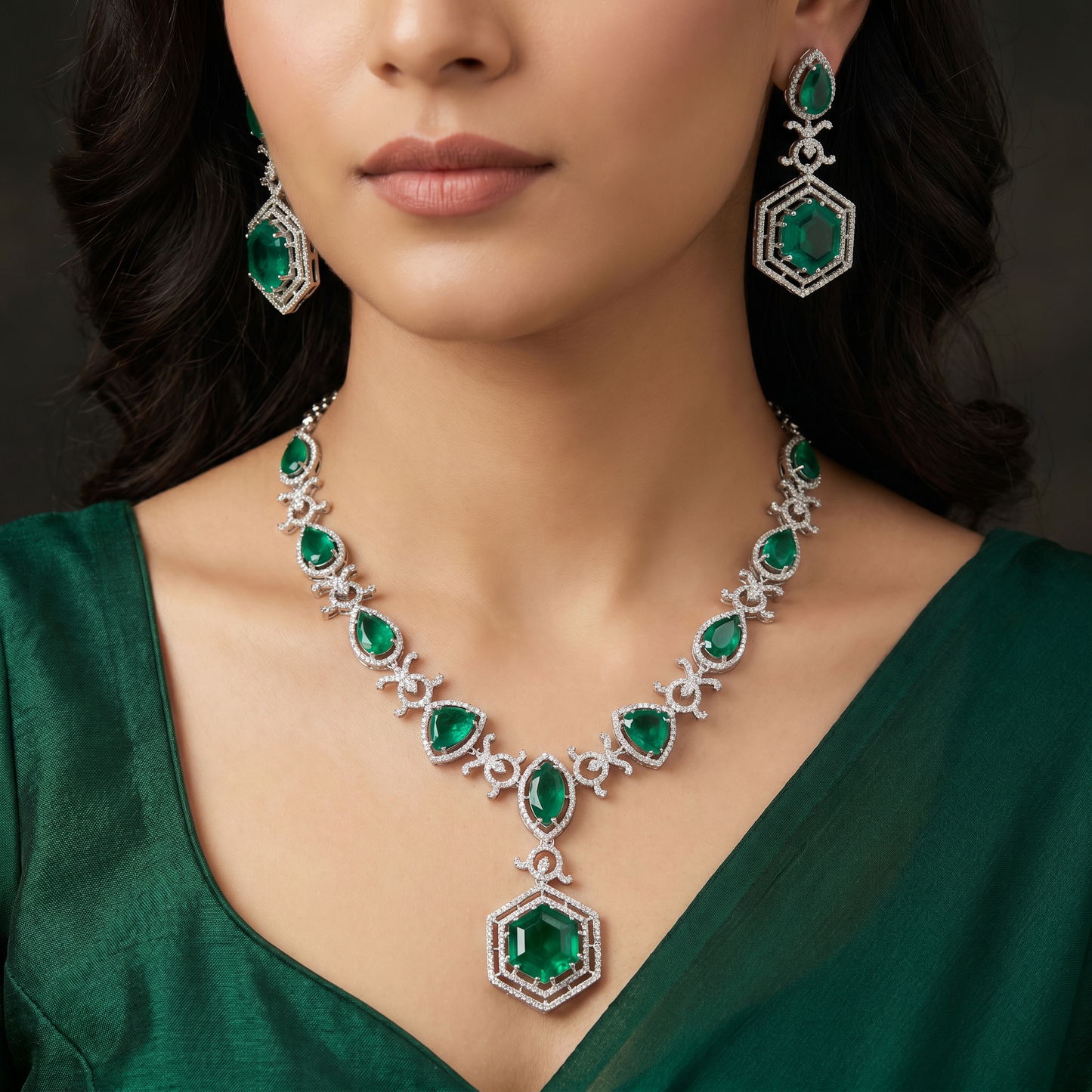 Royal Hexagon Medallion Rhodium Necklace Set with Pendant Focal Point