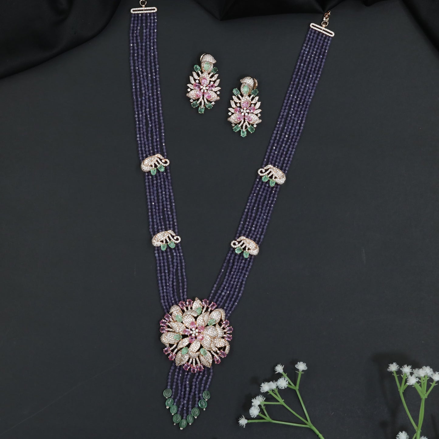 Floral Cluster Medallion Beads Necklace with Matching Earrings